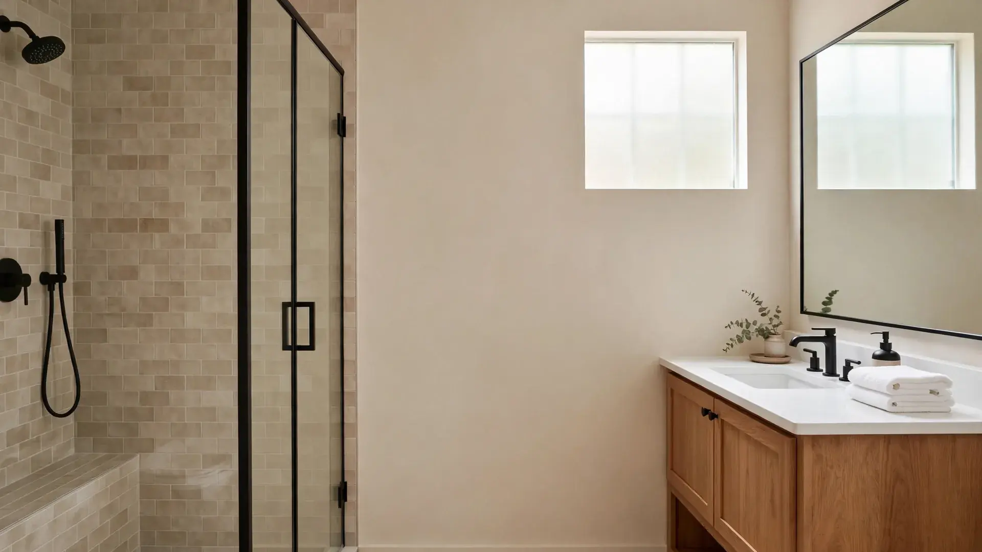 Finished bathroom remodel in a Knoxville home with a tiled walk-in shower, wood vanity and natural window light